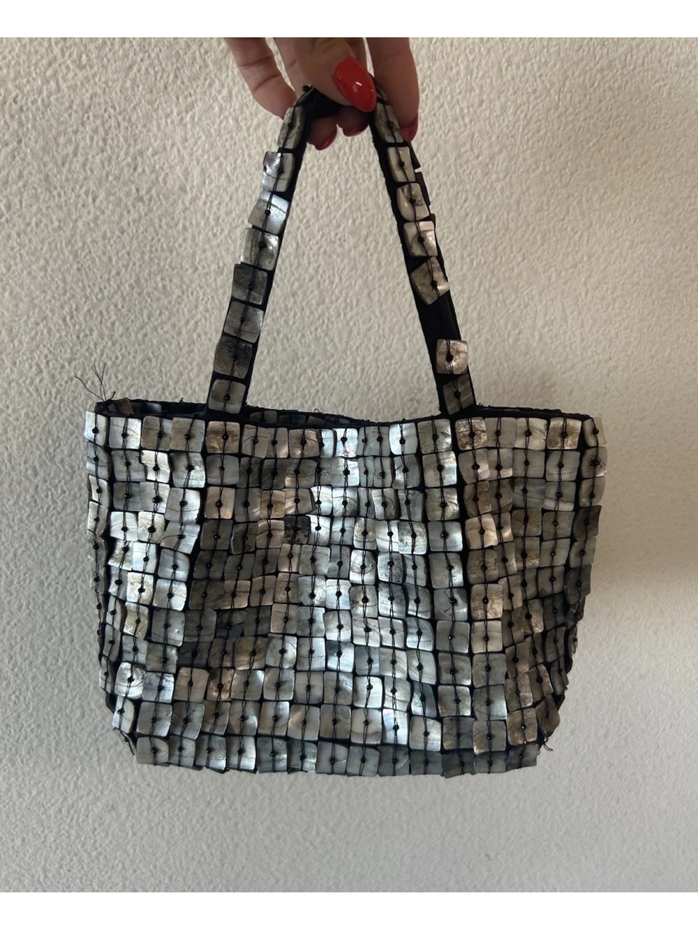 Vintage Y2K Mother of Pearl Shell Tile Handbag Beaded Silver Mini Purse - Picture 13 of 14